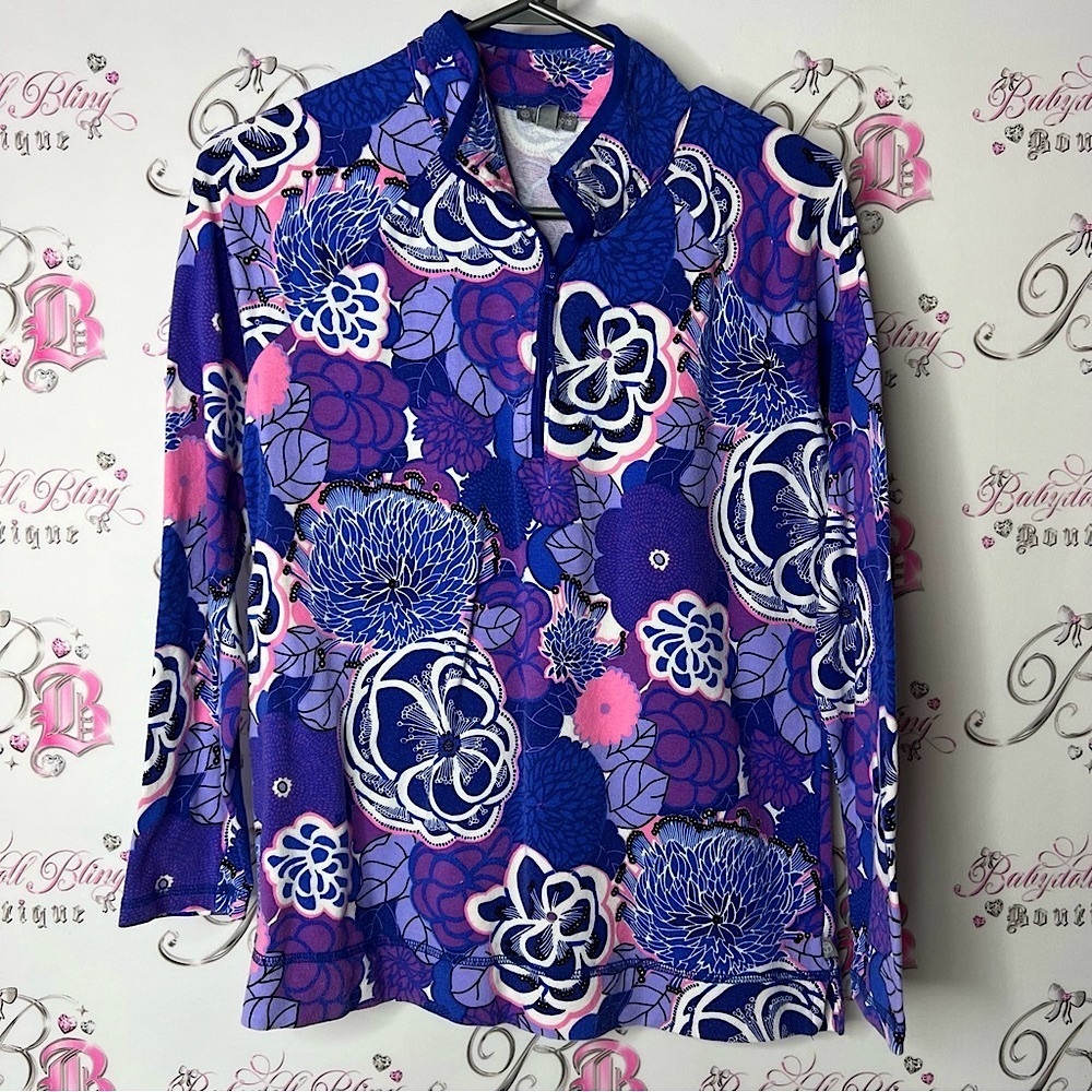 Talbots sweater zip zipper pop art Vibrant Blue and Pink Floral Shirt